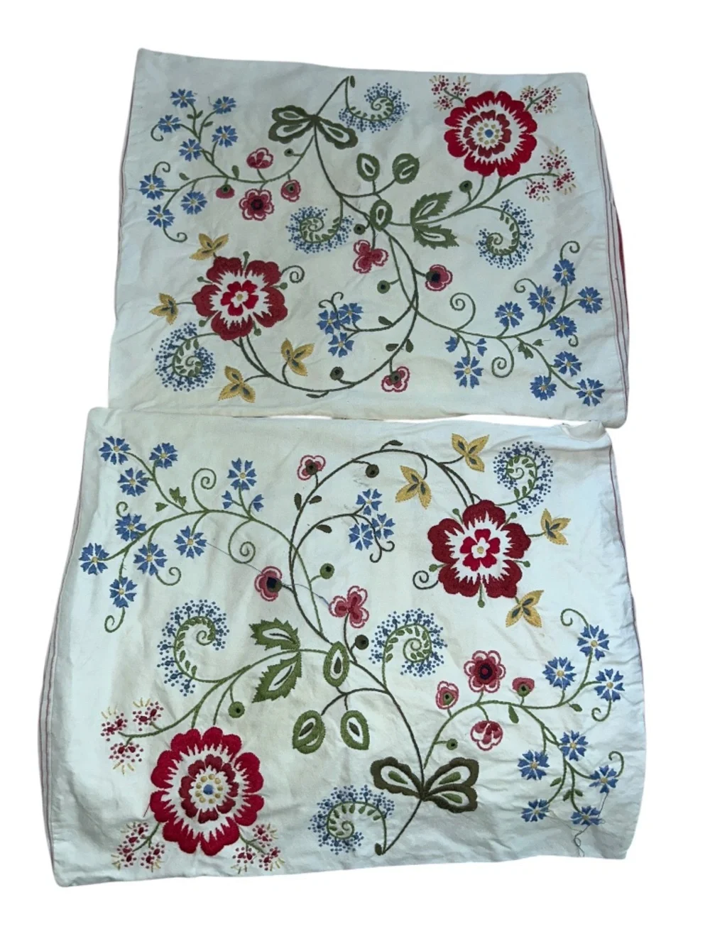 Cottagecore embroidered floral awning stripe pair 2 standard pillow shams